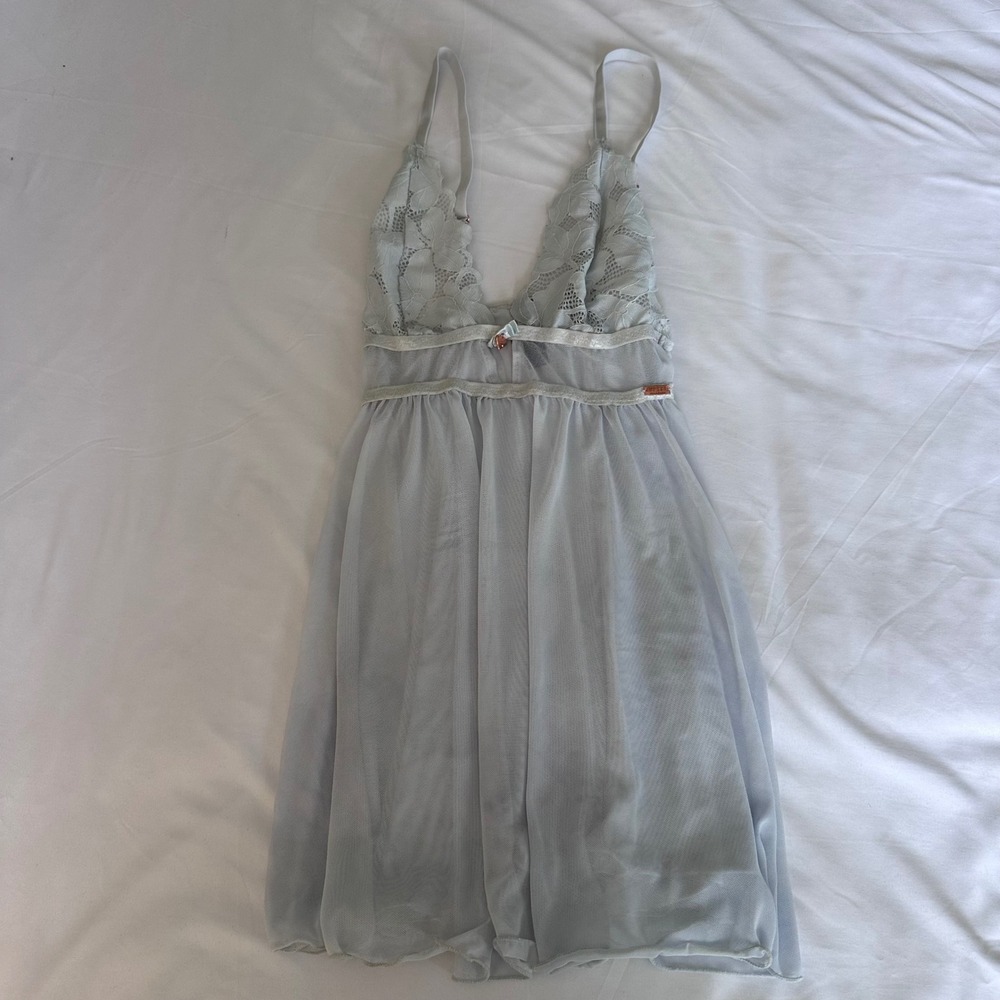 Rachel Roy Large Lingerie Babydoll Chemise Light Blue Lace Mesh V-Neck Sleepwear
